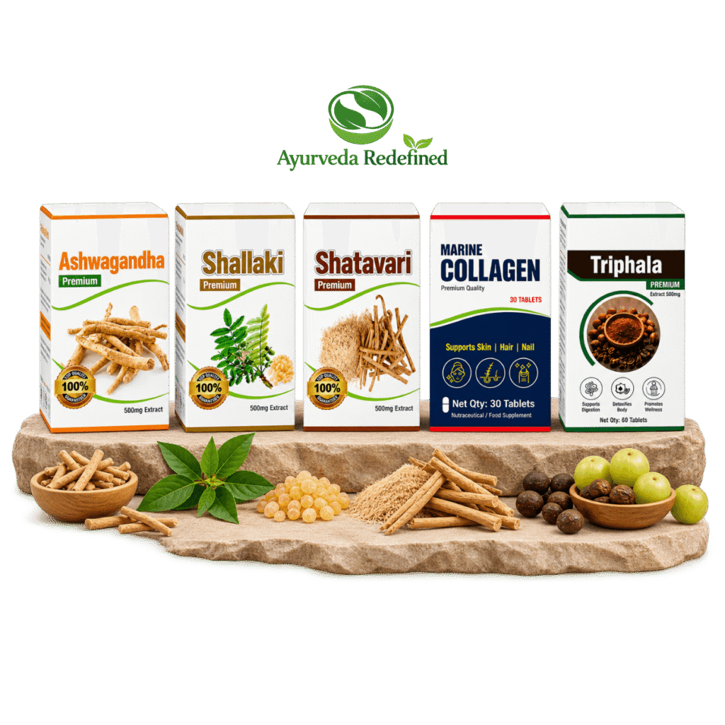 Ajurvédske produkty Ayurveda Redefined – Ashwagandha, Shallaki, Shatavari, Triphala a Marine Collagen