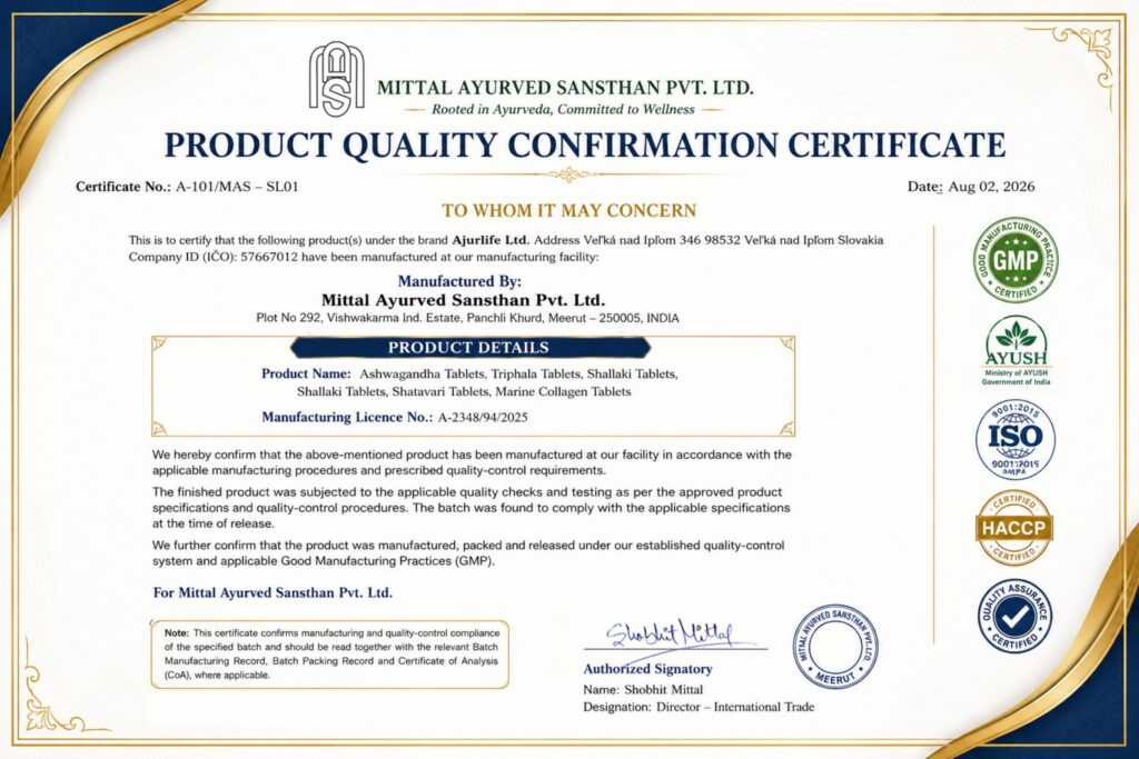 Certifikát kvality výrobcu ajurvédskych produktov Mittal Ayurved Sansthan Pvt. Ltd.